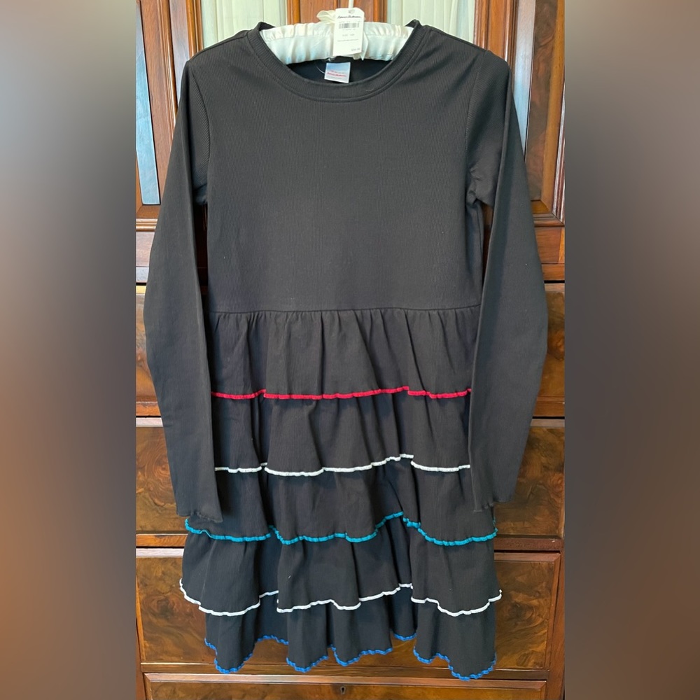 NWT Girls Hanna Andersson Black Rib Knit Ruffled Colorful Twirl Dress Sz 14